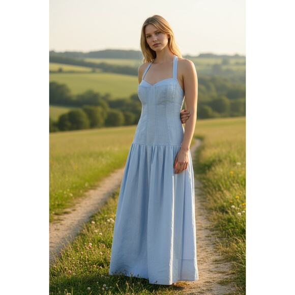 Nicholas Makenna Pleated Drop Waist Corset Linen Midi Dress Sky 12 - Picture 7 of 8